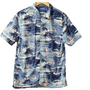 Nautica Blue Sail Stretch Tropical Palm Tree Button Down Classic Fit Shirt Med